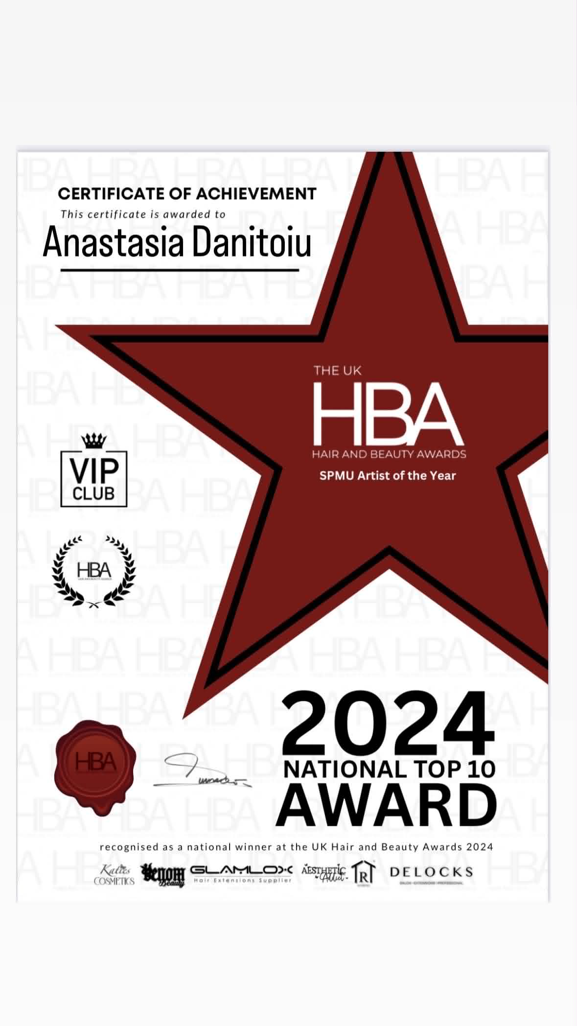 Certificate of Achievement — Anastasia Danitoiu, SPMU Artist of the Year, UK National Top 10, 2024